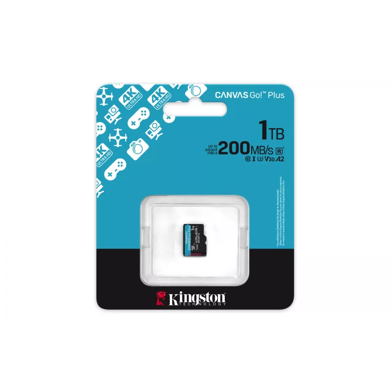Kingston Technology 1TB microSDXC Canvas Go Plus Gen4 200R A2 U3 yksittäispakkaus ilman adapteria