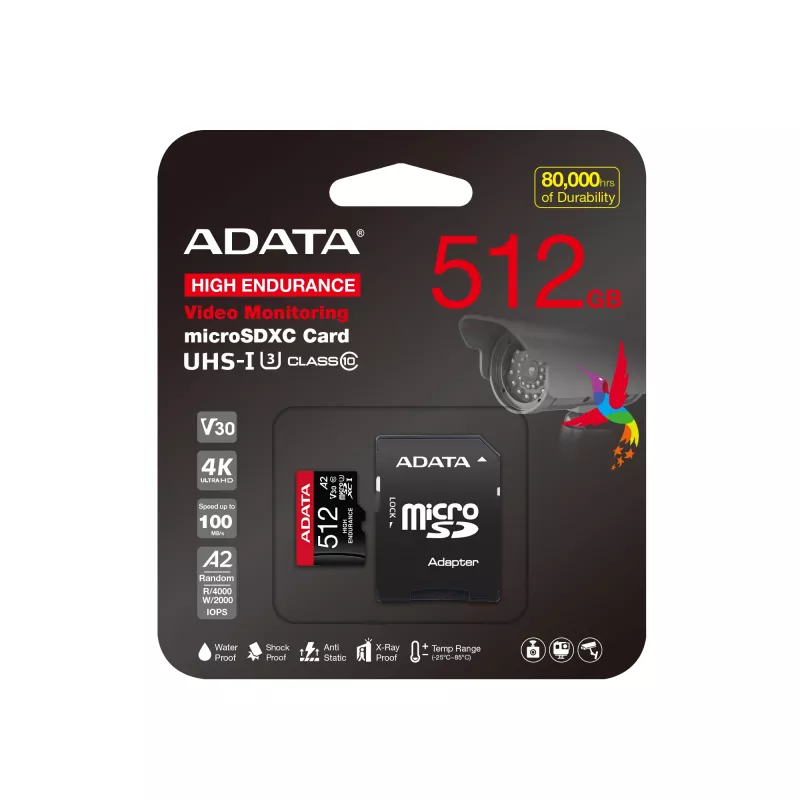 MicroSDXC-muistikortti ADATA 512GB UHS‑I U3 V30 Class 10 A2, 100/85 MB/s, vedenpitävä