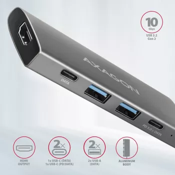 Axagon HMC-5G21 USB 10Gbps-keskitin, 2x USB-A, 2x USB-C, HDMI 4k/30Hz, PD 60W, USB-C-kaapeli