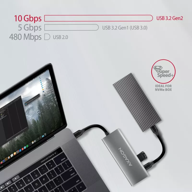 Axagon HMC-5G21 USB 10Gbps-keskitin, 2x USB-A, 2x USB-C, HDMI 4k/30Hz, PD 60W, USB-C-kaapeli