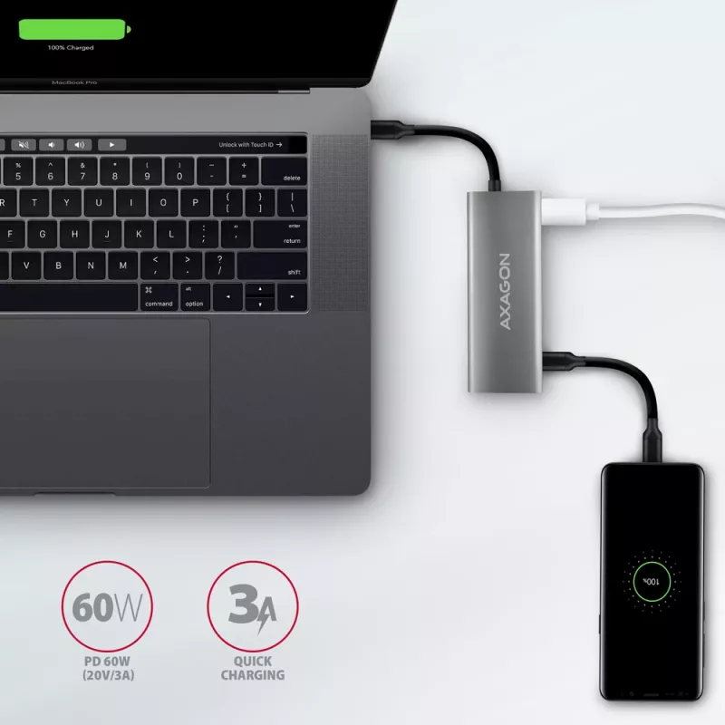 Axagon HMC-5G21 USB 10Gbps-keskitin, 2x USB-A, 2x USB-C, HDMI 4k/30Hz, PD 60W, USB-C-kaapeli