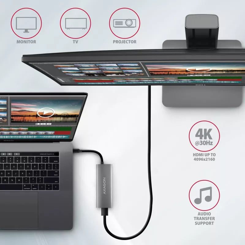 Axagon HMC-5G21 USB 10Gbps-keskitin, 2x USB-A, 2x USB-C, HDMI 4k/30Hz, PD 60W, USB-C-kaapeli