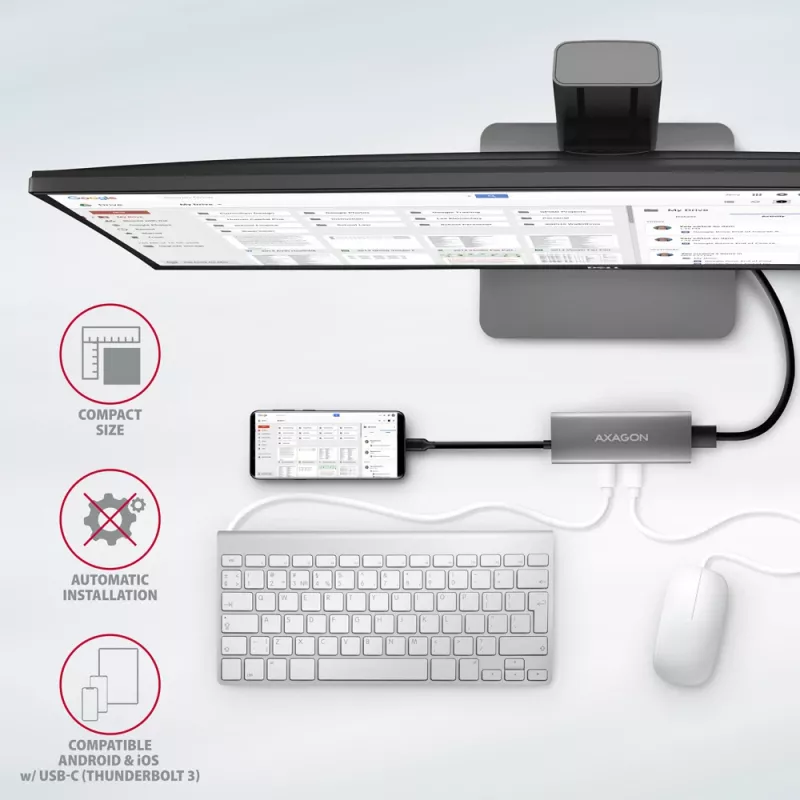 Axagon HMC-5G21 USB 10Gbps-keskitin, 2x USB-A, 2x USB-C, HDMI 4k/30Hz, PD 60W, USB-C-kaapeli