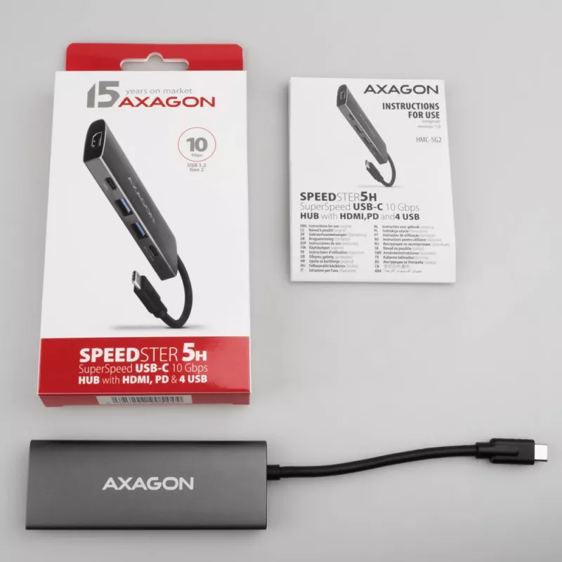 Axagon HMC-5G21 USB 10Gbps-keskitin, 2x USB-A, 2x USB-C, HDMI 4k/30Hz, PD 60W, USB-C-kaapeli