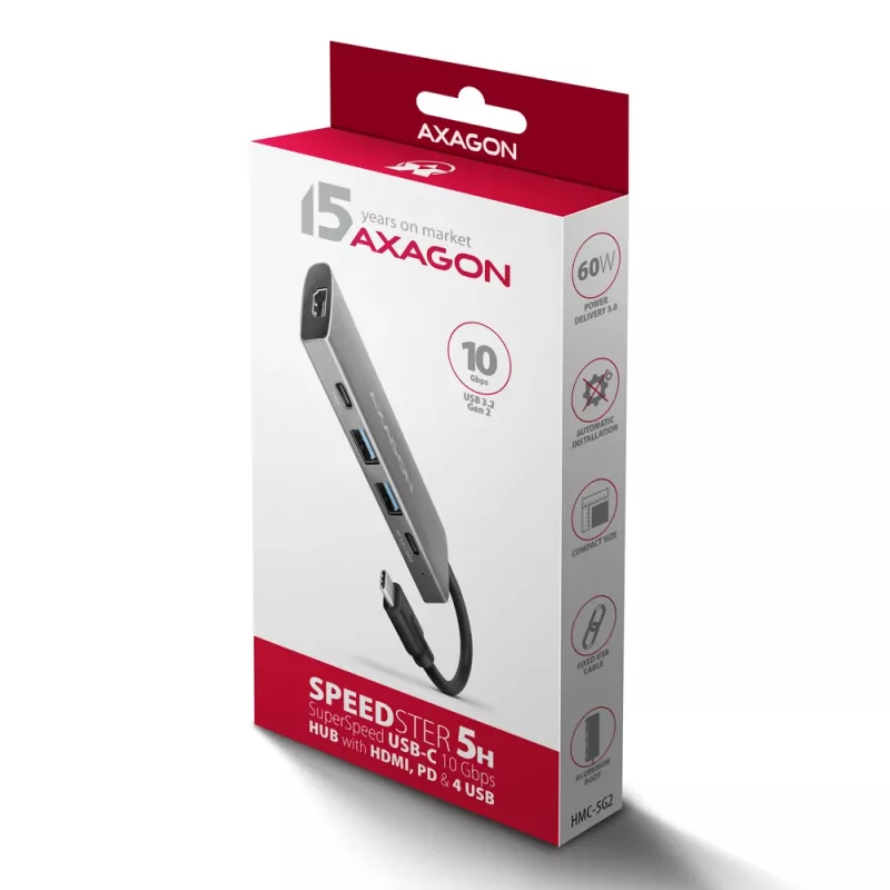 Axagon HMC-5G21 USB 10Gbps-keskitin, 2x USB-A, 2x USB-C, HDMI 4k/30Hz, PD 60W, USB-C-kaapeli