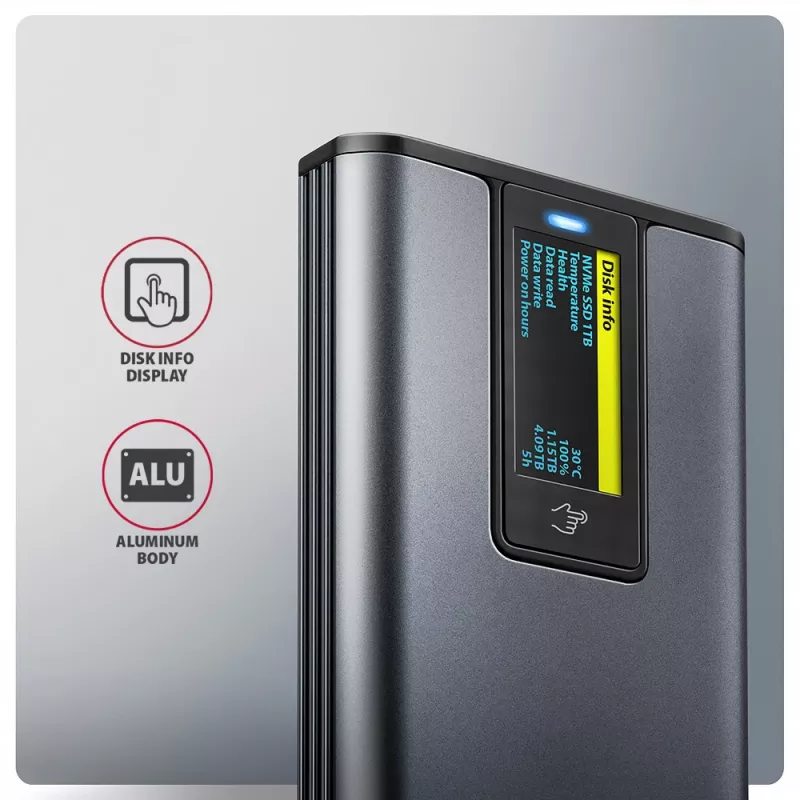 Axagon EEM2-SD2 USB-C 10Gbps - M.2 NVMe & SATA SSD DISPLAY-kotelo