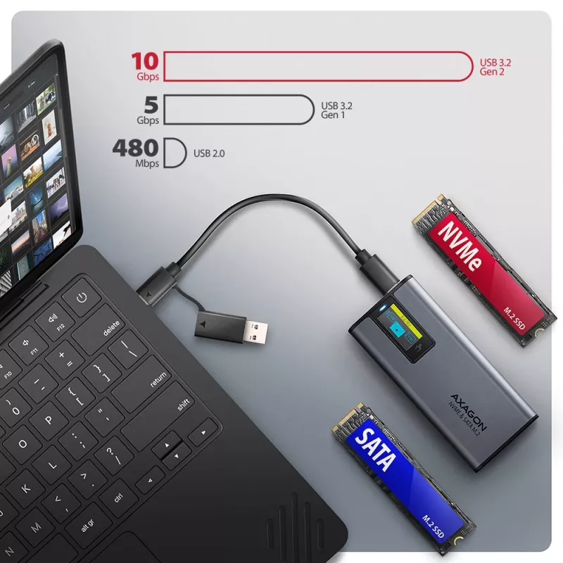 Axagon EEM2-SD2 USB-C 10Gbps - M.2 NVMe & SATA SSD DISPLAY-kotelo