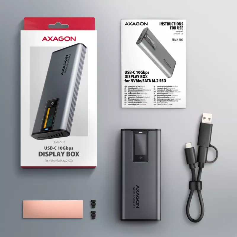 Axagon EEM2-SD2 USB-C 10Gbps - M.2 NVMe & SATA SSD DISPLAY-kotelo