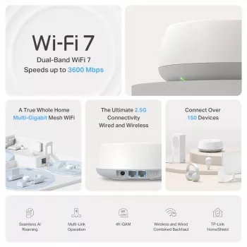 TP-Link BE3600 Whole Home Mesh Wi-Fi 7 -järjestelmä (1 kpl pakkaus), valkoinen, sisäinen, Mesh-järjestelmä, kaksitaajuus (2,4 GHz / 5 GHz), Wi-Fi 7 (802.11be), 2882 Mbit/s