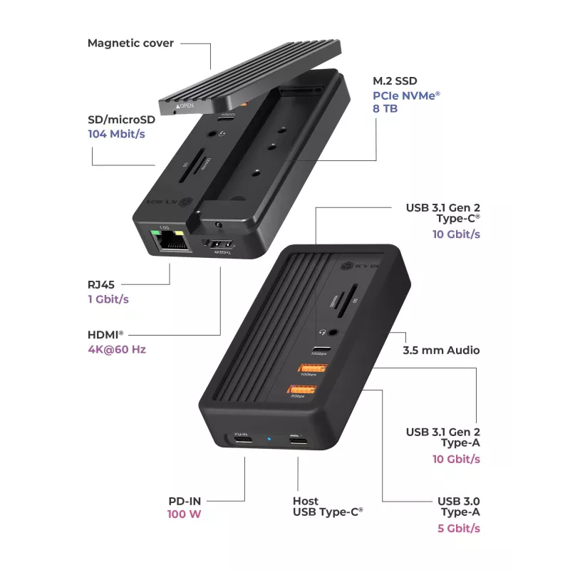 ICY BOX IB-DK4072M-CU31 USB 3.2 Gen 2 (3.1 Gen 1) Type-C musta