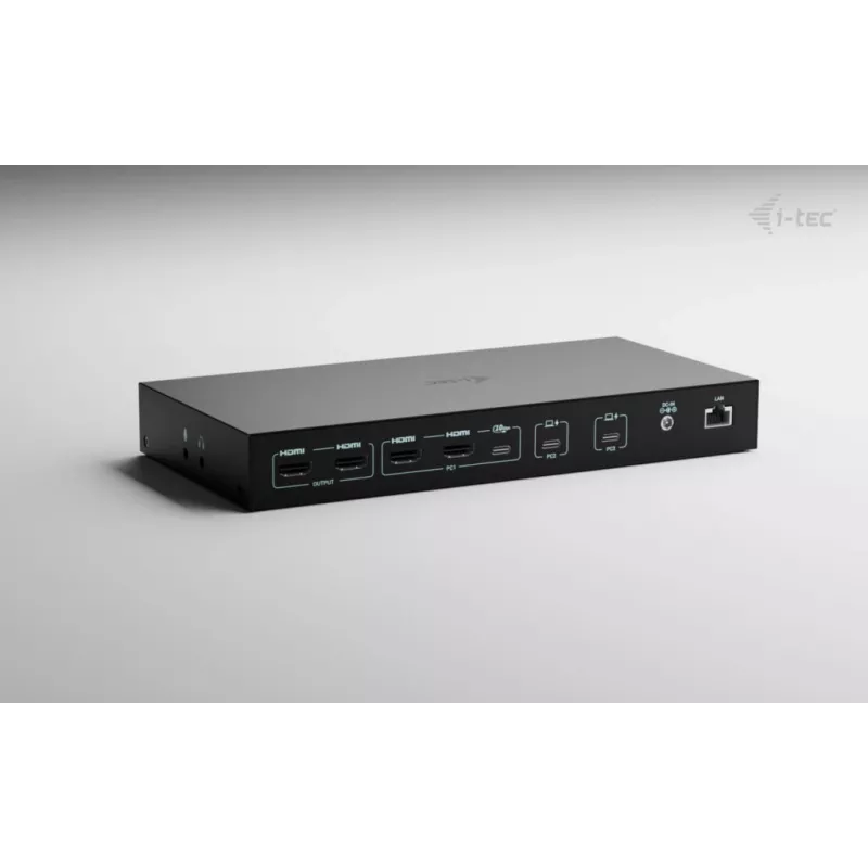 ITEC i-tec USB-C KVM Dock PRO kolmelle isäntälaitteelle, dual-video, 2x Power Delivery (max. 92W), USB 3.2, 10 Gbit/s, Gigabit-Ethernet
