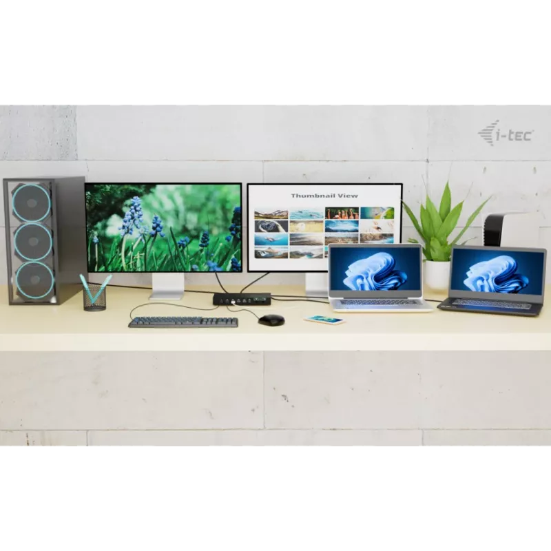 ITEC i-tec USB-C KVM Dock PRO kolmelle isäntälaitteelle, dual-video, 2x Power Delivery (max. 92W), USB 3.2, 10 Gbit/s, Gigabit-Ethernet