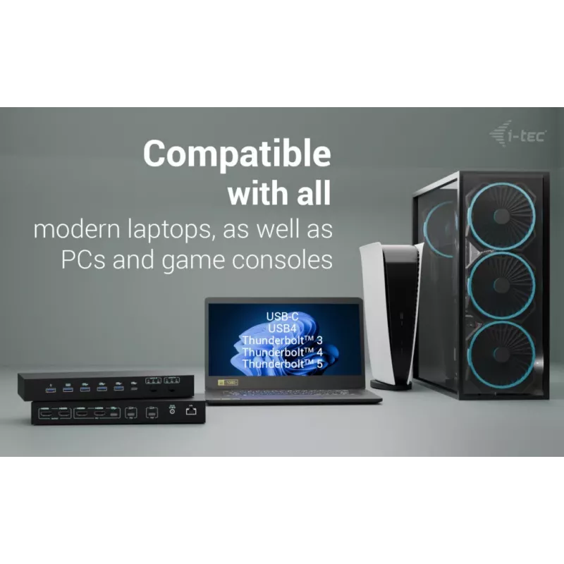ITEC i-tec USB-C KVM Dock PRO kolmelle isäntälaitteelle, dual-video, 2x Power Delivery (max. 92W), USB 3.2, 10 Gbit/s, Gigabit-Ethernet