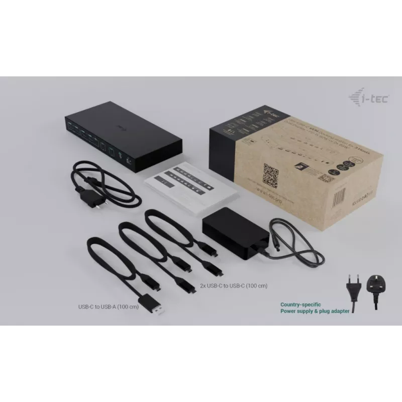 ITEC i-tec USB-C KVM Dock PRO kolmelle isäntälaitteelle, dual-video, 2x Power Delivery (max. 92W), USB 3.2, 10 Gbit/s, Gigabit-Ethernet
