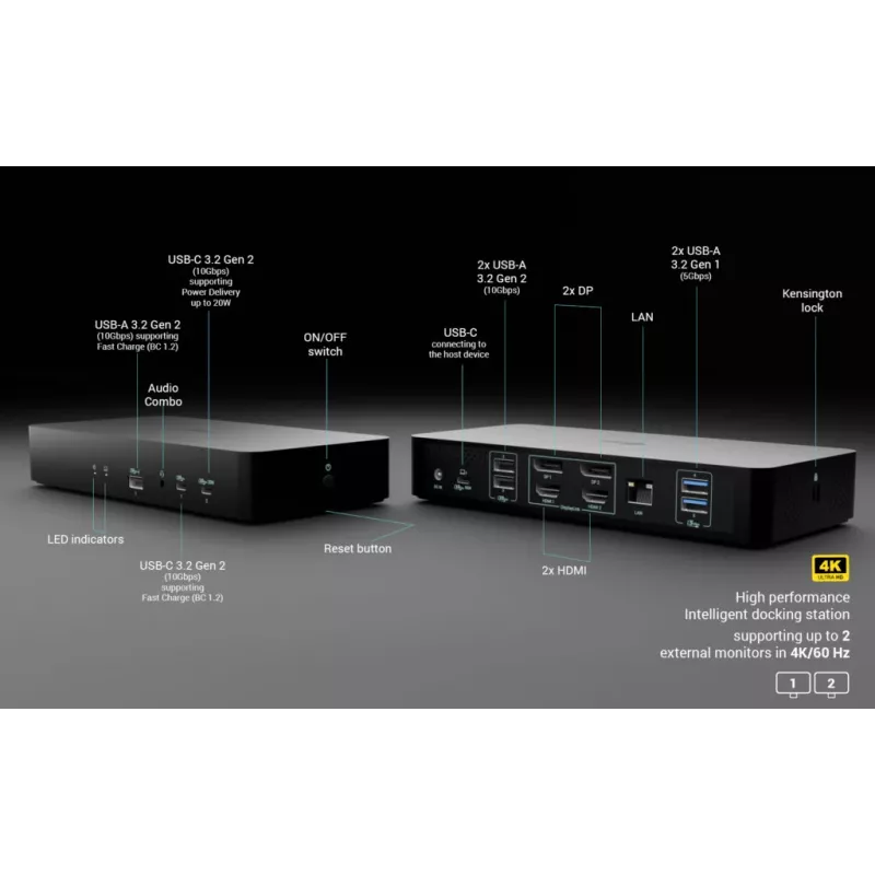 Telakointiasema i-tec CAINTGDUAL4KDOCPD Dual Display Power Delivery 100W