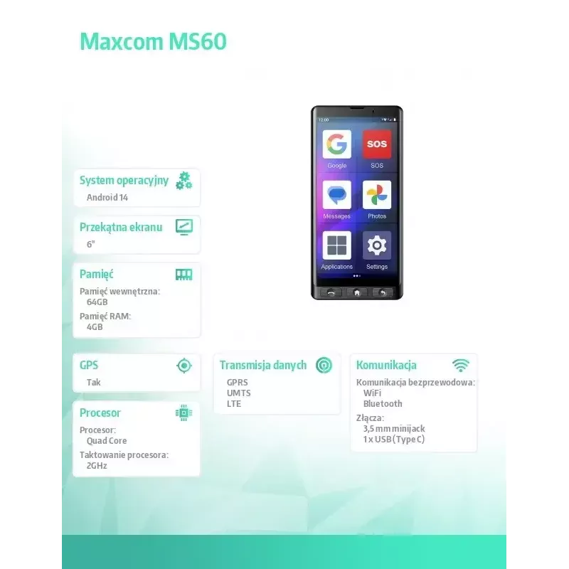 MAXCOM MS601 4G älypuhelin seniorille, 6 tuumaa, 4GB/64GB, Android 14, musta