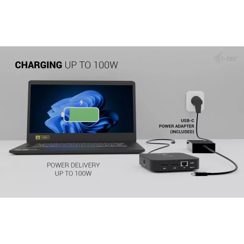 USB-C Dual HDMI adapteri ITEC C31DUALHDMIDPD100 — dual HDMI 4K@60Hz, USB-C Power Delivery 100W