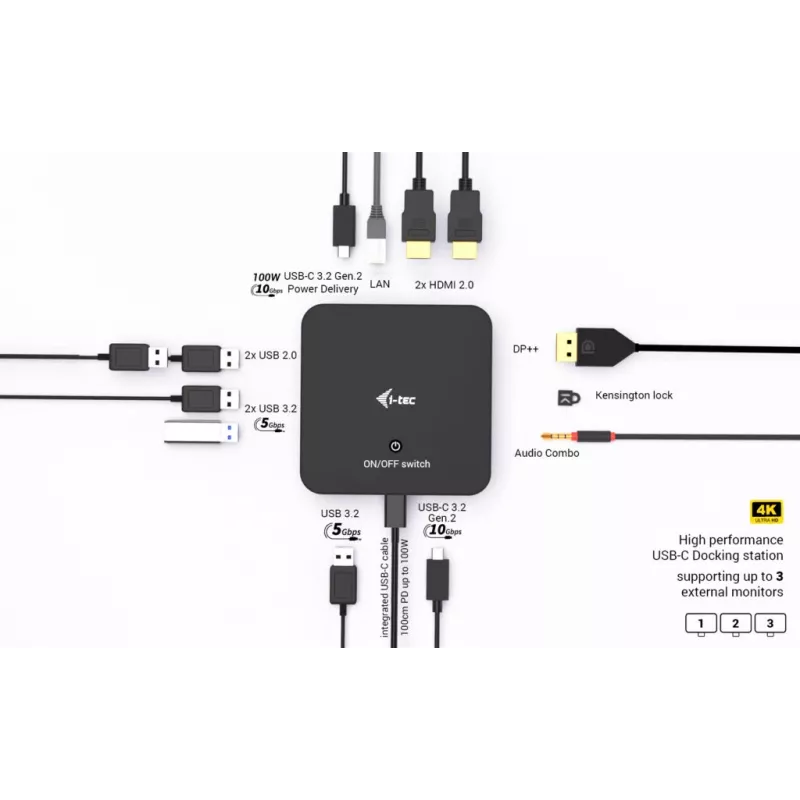 i-tec USB-C DP Dual HDMI telakointiasema Power Delivery 100 W + yleislaturi 100 W