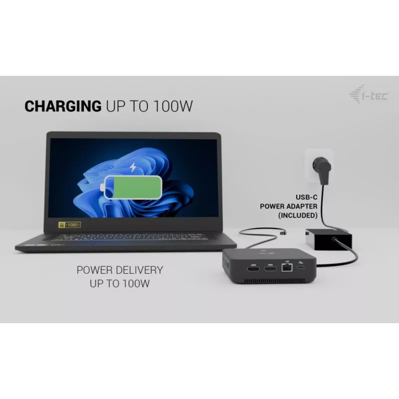i-tec USB-C DP Dual HDMI telakointiasema Power Delivery 100 W + yleislaturi 100 W
