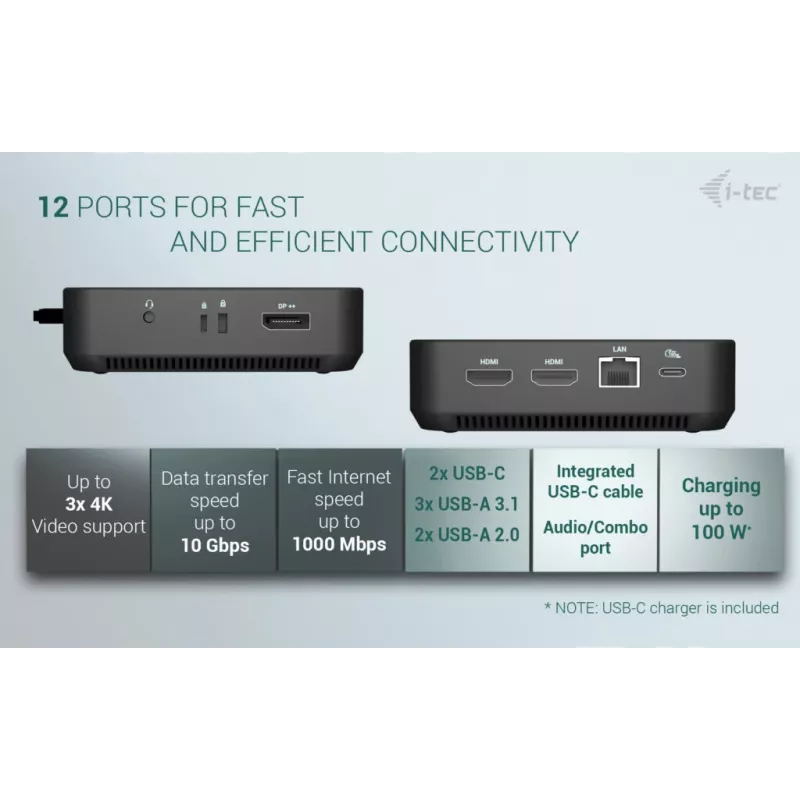 i-tec USB-C DP Dual HDMI telakointiasema Power Delivery 100 W + yleislaturi 100 W