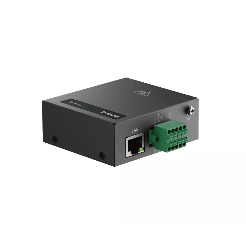 D-Link DOM-311-TSO 4G LTE IIoT RTU -yhdyskäytävä, 10/100 Mbit/s Ethernet, RS-232/485, Nano SIM, 2 irrotettavaa ulkoantennia, 9–36 V DC, musta