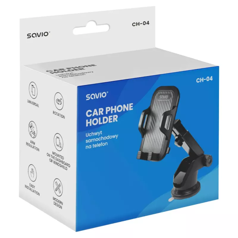Savio CH-04 autopuhelinpidike, tuulilasi-/kojelautakiinnitys, musta