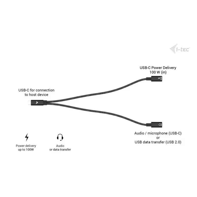 i-tec USB-C-kaapelinsplitteri ääni/data + Power Delivery 100 W