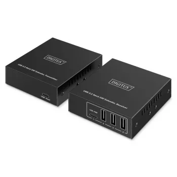 USB 3.2 Gen1 CAT-jatko DIGITUS DA-73121 — 5 Gbit/s, 4 porttia (3× USB-A, 1× USB-C), 100 m, DC-käyttöinen