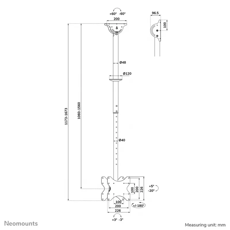 Neomounts TV-kattoteline CL35-340BL22 max. paino 45 kg 23-42
