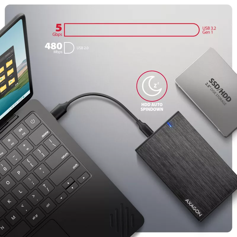 Axagon EE25-XA6C kompakti alumiininen USB-C 5 Gbit/s – SATA 6G ulkoinen kotelo 2,5