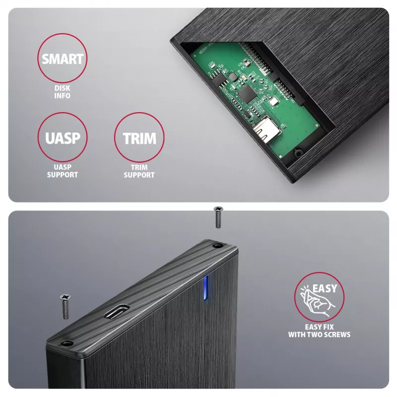 Axagon EE25-XA6C kompakti alumiininen USB-C 5 Gbit/s – SATA 6G ulkoinen kotelo 2,5