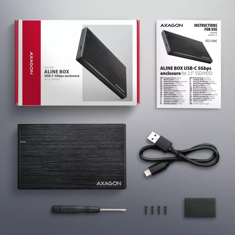 Axagon EE25-XA6C kompakti alumiininen USB-C 5 Gbit/s – SATA 6G ulkoinen kotelo 2,5