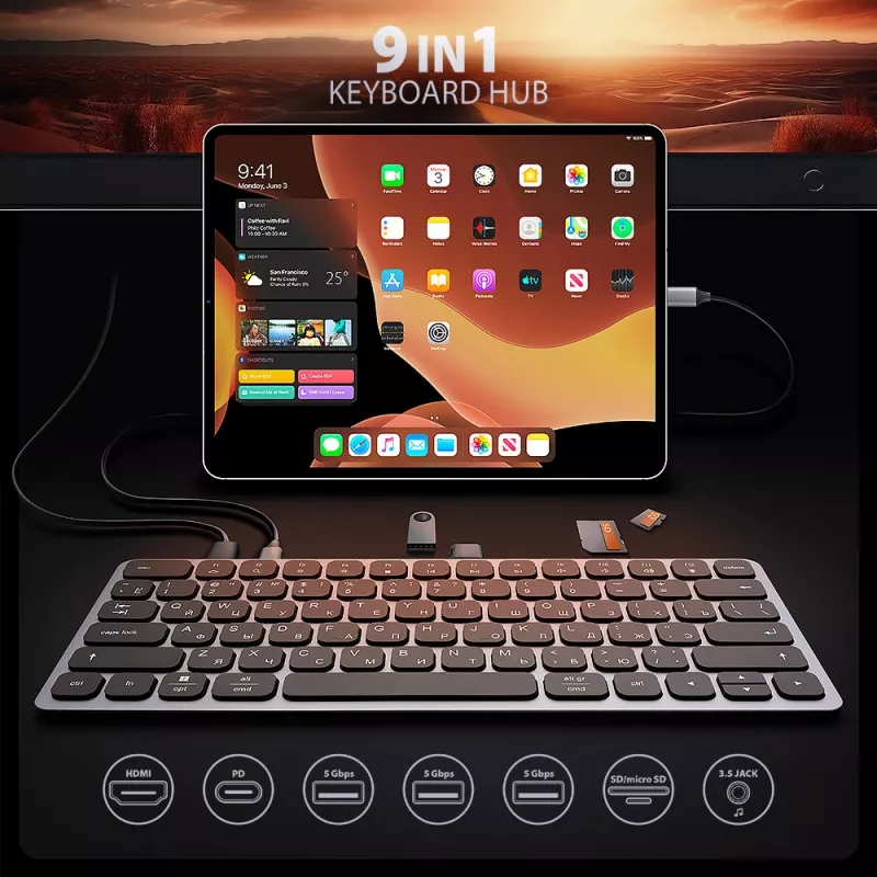 Axagon HMC-KB-CRL, USB 5Gbps -keskitin näppäimistöllä, HDMI 4K/60Hz, 3x USB-A, SD/mSD, ääni, PD100, kyrillinen asettelu