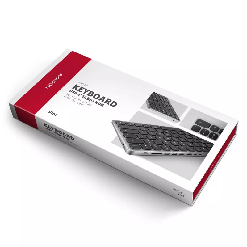 Axagon HMC-KB-NRD, USB 5Gbps -keskitin näppäimistöllä, HDMI 4K/60Hz, 3x USB-A, SD/mSD, ääni, PD100, pohjoismainen asettelu