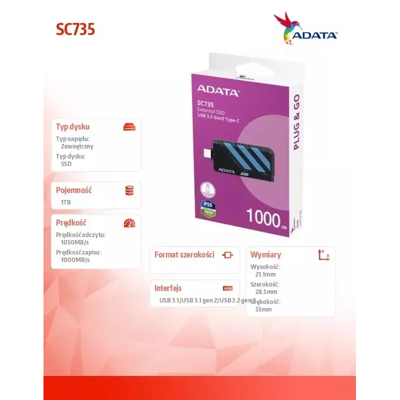 Ulkoinen SSD ADATA 1 TB 2,5 inch USB 3.2 SC735