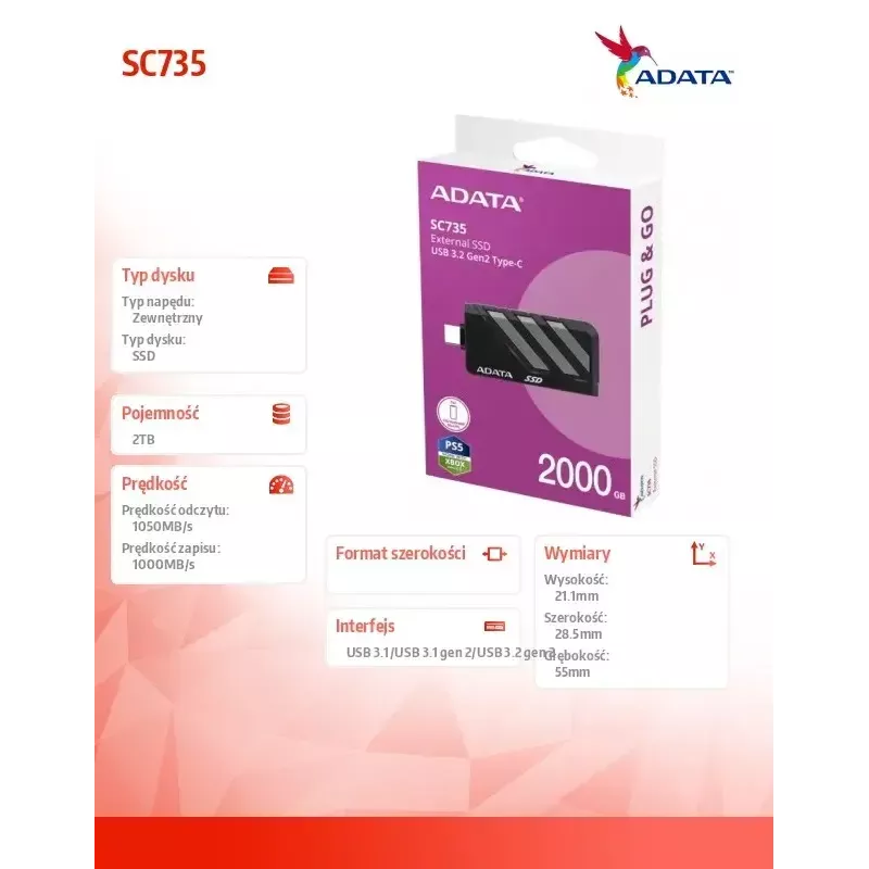 SSD-levy ADATA 2 TB ulkoinen SC735 U3.2C harmaa