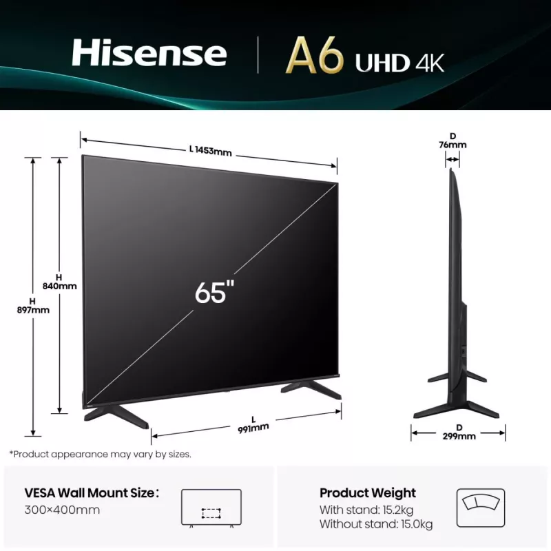 Hisense 65A6Q 65 tuuman (165,1 cm) 4K UHD Smart TV -televisio, VIDAA, HDR10+, Dolby Vision, Wi-Fi, Bluetooth, musta