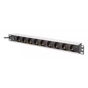 DIGITUS PDU - 1U alumiininen rack-asennettava 8x CEE 7/7 pistorasia 1x pistorasia 10A pistoke 250VAC 50/60Hz IEC C14 pistoke esisulake