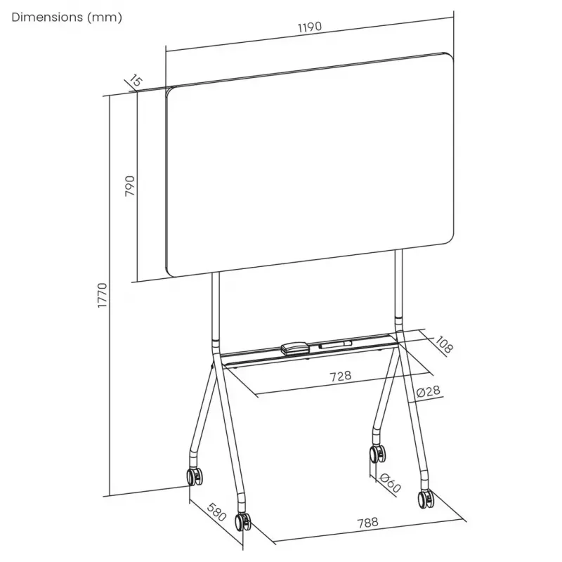 Valkotaulu ergo office ER-306 — kuivapyyhittävä yksipuolinen vaakataulu, 1190×790 mm, vapaasti seisova teräs runko pyörillä, magneettinen