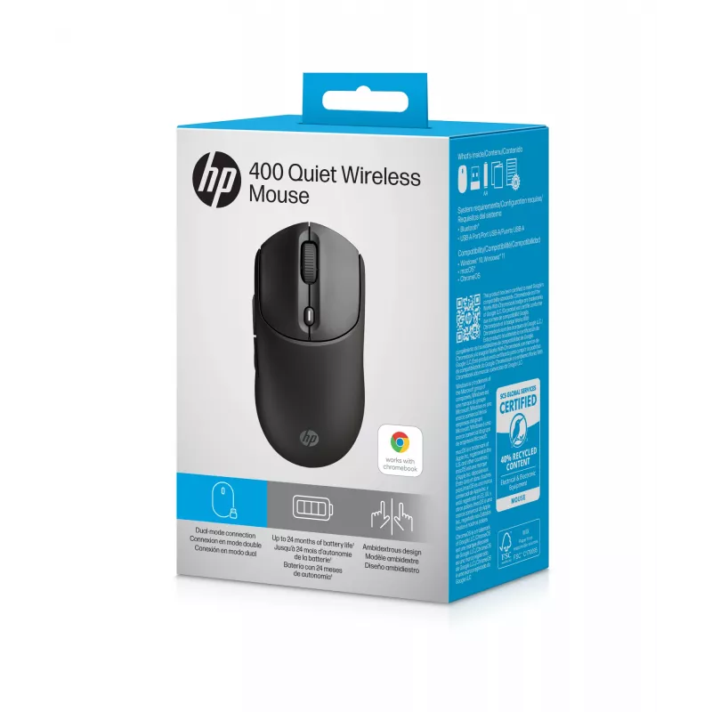 HP 400 Quiet musta langaton hiiri, molempikätinen, RF langaton + Bluetooth, 6000 DPI, musta