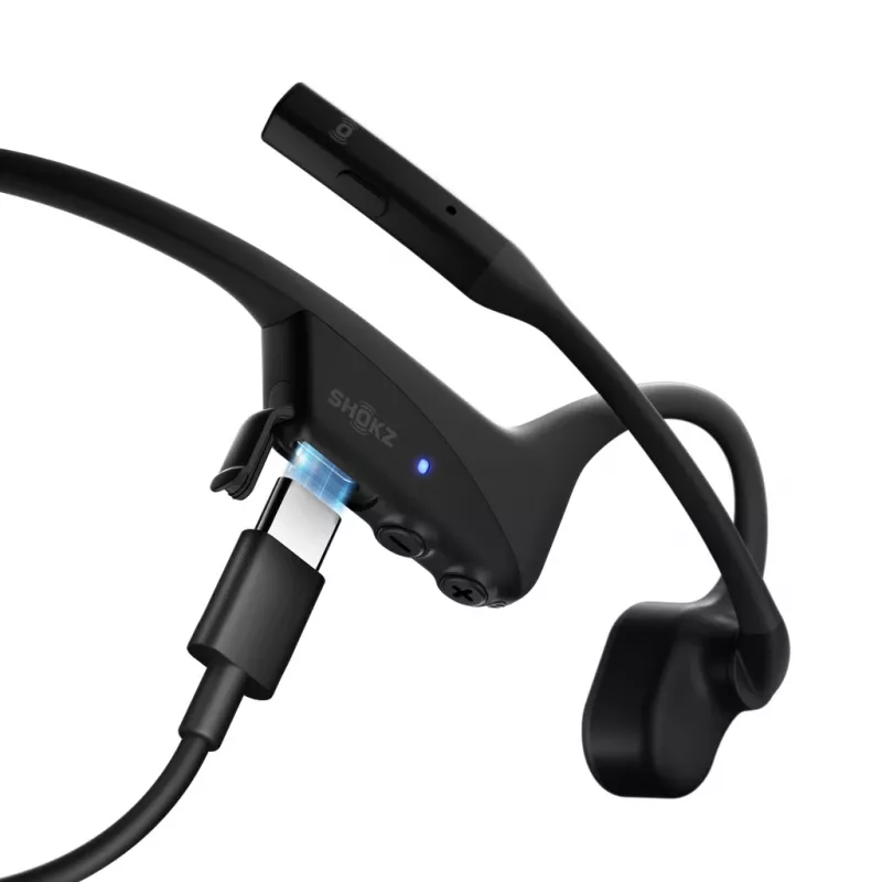 Headset Shokz OpenComm2 UC 2025 — langaton luujohdekuuloke-headset, 16 h puheaika, USB Type-A/Type-C, ANC, 29 m kantama, musta