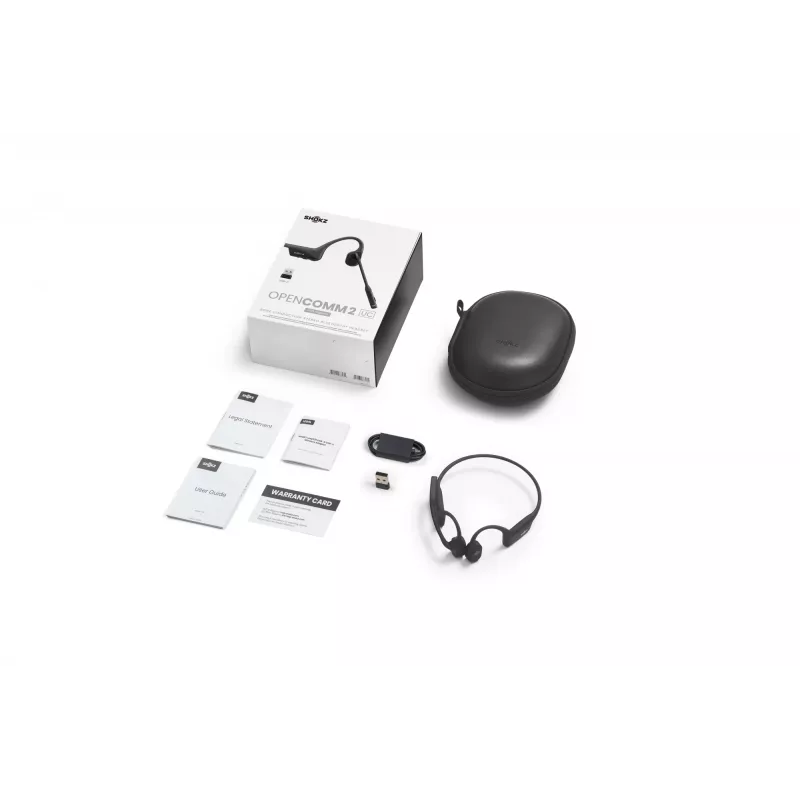 Headset Shokz OpenComm2 UC 2025 — langaton luujohdekuuloke-headset, 16 h puheaika, USB Type-A/Type-C, ANC, 29 m kantama, musta