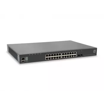 LevelOne KILBY 28-porttinen pinottava L3-hallittava Gigabit-kytkin, 2 x 10GbE SFP+, 1 x 10GbE-moduulipaikka