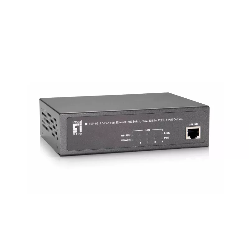 LevelOne 5-Port Fast Ethernet PoE -kytkin, 802.3at/af PoE, 4 PoE-lähtöä, 65W
