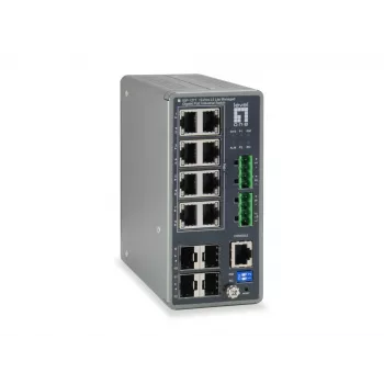 LevelOne TURING 12-porttinen L3 Lite -hallittava Gigabit -teollisuuskytkin, 8 PoE-lähtöä, 240 W, 802.3at/af PoE, 4 x SFP, -40 °C – 75 °C
