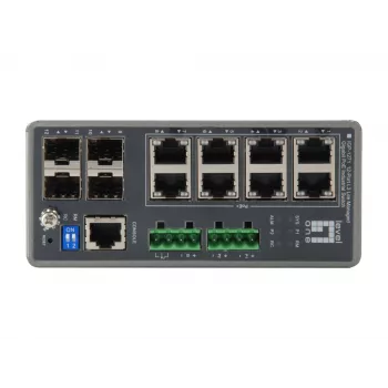 LevelOne TURING 12-porttinen L3 Lite -hallittava Gigabit -teollisuuskytkin, 8 PoE-lähtöä, 240 W, 802.3at/af PoE, 4 x SFP, -40 °C – 75 °C