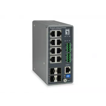 LevelOne TURING 12-porttinen L3 Lite -hallittava Gigabit -teollisuuskytkin, 4 x SFP, DIN-kisko, -40 °C – 75 °C