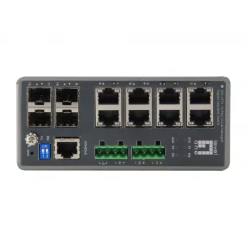 LevelOne TURING 12-porttinen L3 Lite -hallittava Gigabit -teollisuuskytkin, 4 x SFP, DIN-kisko, -40 °C – 75 °C