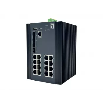 LevelOne 20-porttinen L2 Plus -hallittava Gigabit-teollisuuskytkin, 16x 1GbE RJ45, 4x 1/2.5GbE SFP, DIN-kisko, -40 °C...+80 °C