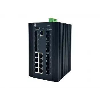 LevelOne 20-porttinen L2 Plus -hallittava teollisuuskytkin, 8 x 1GbE RJ45, 8 x 1GbE SFP, 4 x 1/2.5GbE SFP, DIN-kisko, -40 °C...+80 °C